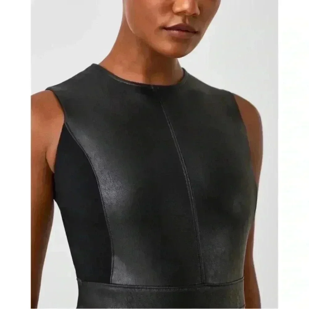 New SPANX Leather Ponte Midi Dress Sheath Stretch Faux Office Siren Boardroom